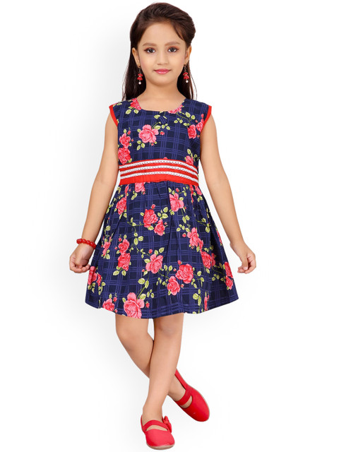 

Aarika Girls Navy Blue & Red Floral Printed Fit and Flare Dress