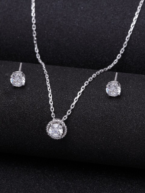 Clara 92.5 Sterling Silver Rhodium Plated Silver-Toned & White Cubic Zirconia Studded Jewellery Set