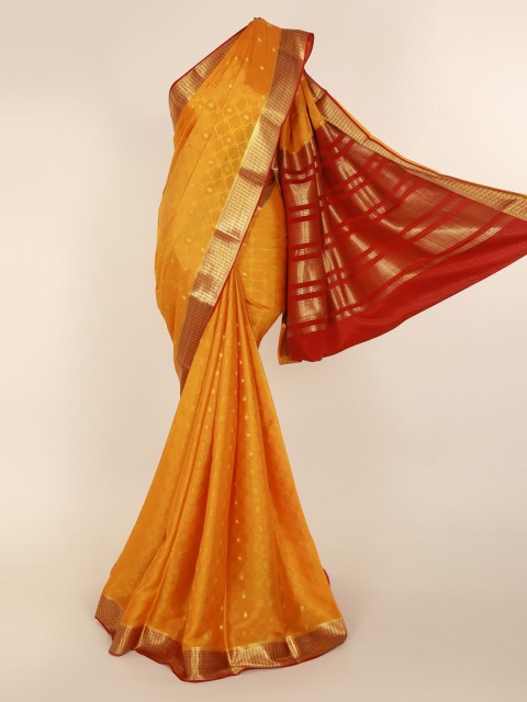 

Pothys Mustard Yellow & Red Pure Silk Woven Design Mysore Silk Saree