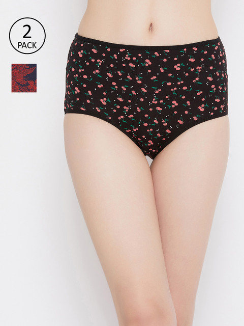 

Clovia Women Pack of 2 Floral-Printed Hipster Briefs COMPNC887, Black