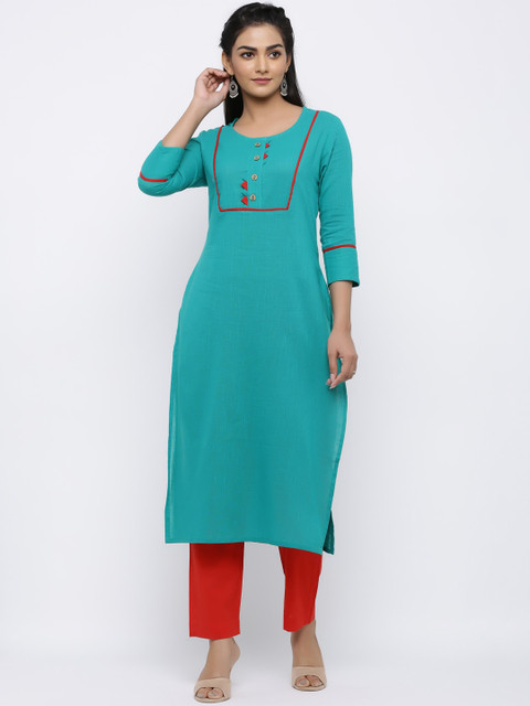 

Indi INSIDE Women Teal Blue Solid Straight Kurta