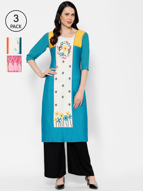 

7Threads Women Pack of 3 Printed Straight Kurta, Multi