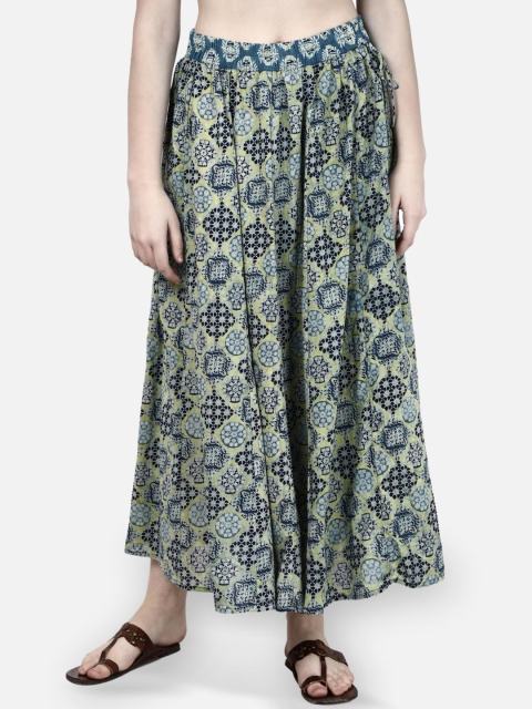 

Molcha Women Green & Black Ajrak Printed Flared Pure Cotton Skirt