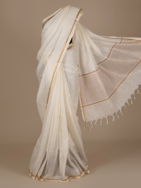 

Pothys Off-White Solid Pure Linen Saree