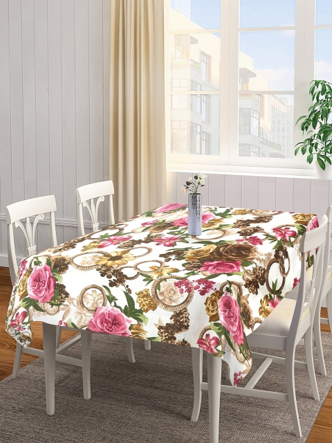 

KLOTTHE White & Pink Floral Printed Rectangular 90" X 60" Cotton Table Cover