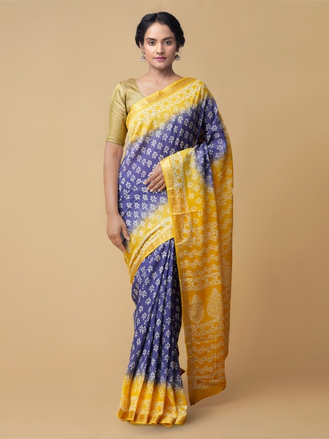 Unnati Silks Blue & Yellow Pure Cotton Printed Saree
