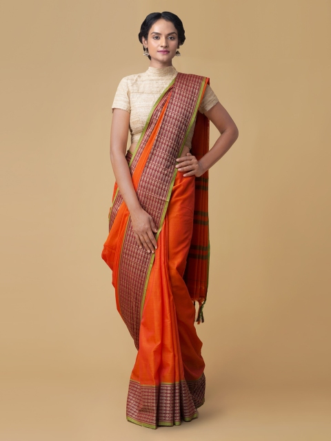

Unnati Silks Orange Pure Cotton Solid Handloom Narayan Peth Saree