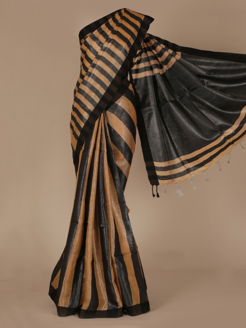 

Pothys Black & Yellow Pure Linen Striped Saree