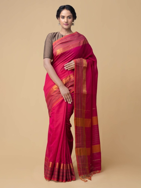 

Unnati Silks Pink Pure Cotton Solid Handloom Narayan Peth Saree