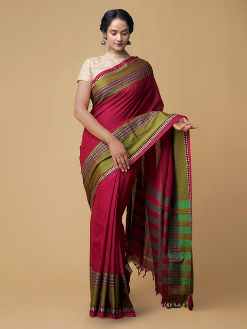 

Unnati Silks Pink Pure Cotton Solid Handloom Narayan Peth Saree