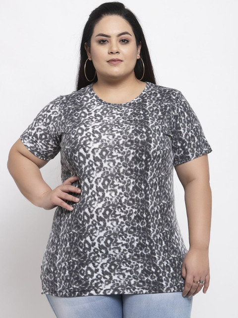 

plusS Women White Printed Round Neck T-shirt