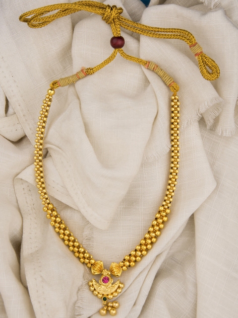 

Alankruthi Gold-Toned & Pink Ruby-Studded Beaded Thushi Necklace