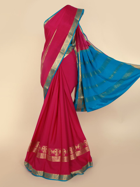 

Pothys Pink & Blue Pure Silk Solid Mysore Silk Saree