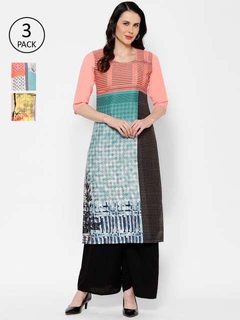 

7Threads Women Pack of 3 Printed Straight Kurta, Multi