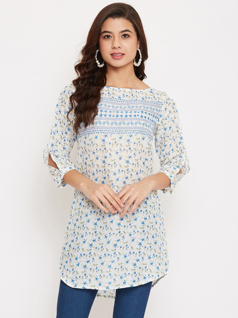 

Ruhaans Women White & Blue Printed Tunic