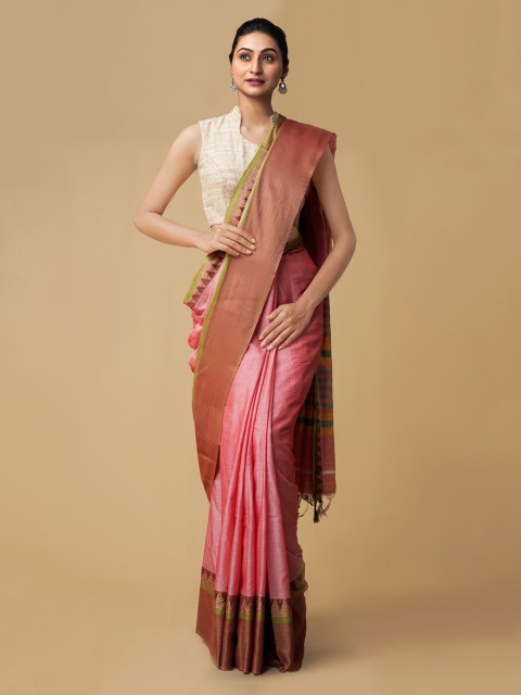 

Unnati Silks Pink Pure Cotton Solid Handloom Narayan Peth Saree