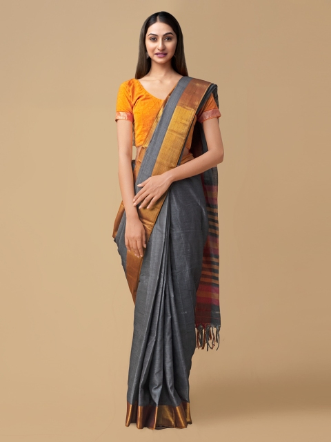 

Unnati Silks Grey Pure Cotton Solid Handloom Narayan Peth Saree