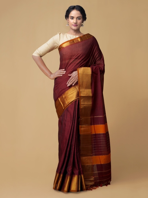 

Unnati Silks Maroon Pure Cotton Solid Handloom Narayan Peth Saree