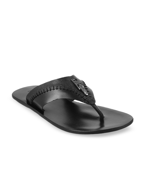 

Mochi Men Black Solid Leather Comfort Sandals