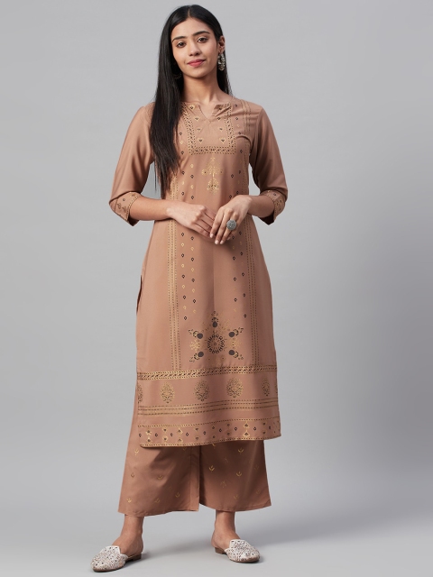 

ZIYAA Women Brown Foil Printed A-Line Kurta