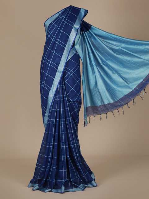 

Pothys Blue Checked Pure Linen Saree