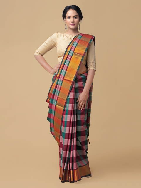 

Unnati Silks Multicoloured Pure Cotton Checked Handloom Narayan Peth Saree, Multi