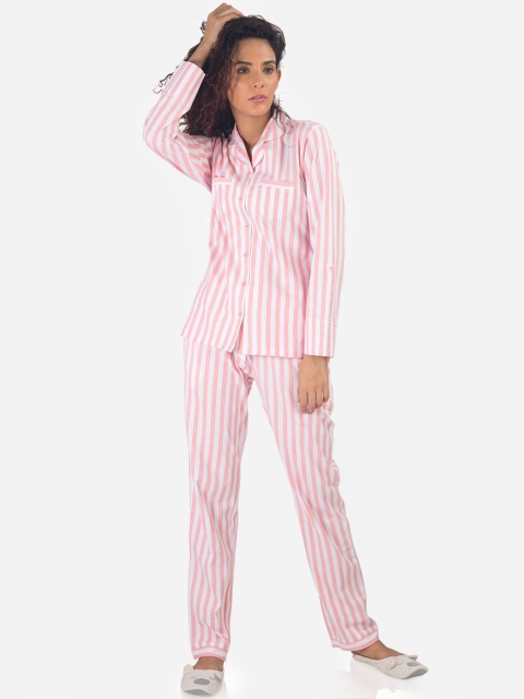 

Nite Flite Women White & Pink Striped Night suit