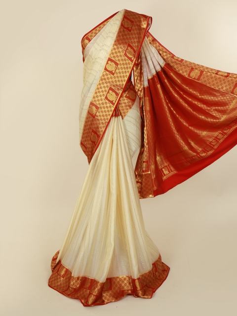 

Pothys Cream-Coloured & Red Pure Silk Woven Design Mysore Silk Saree