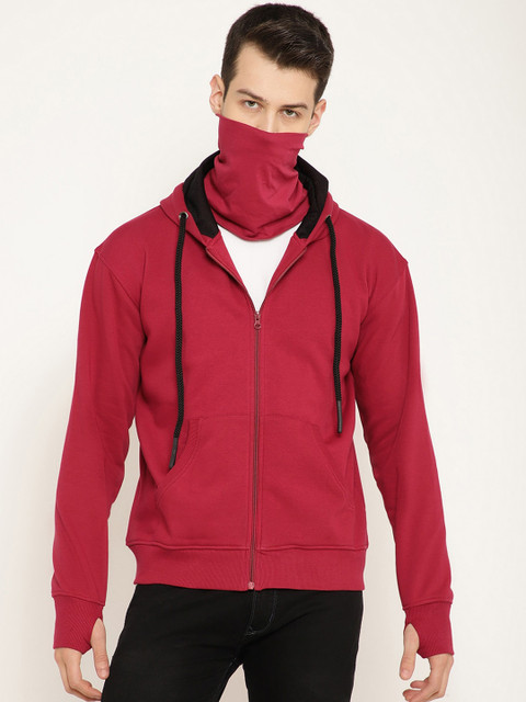 

PUNK Men Red Solid Hooded Sweatshirt