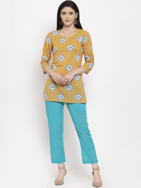 

DUGRI BE THE ONE Women Yellow & Blue Printed Kurti with Pyjamas