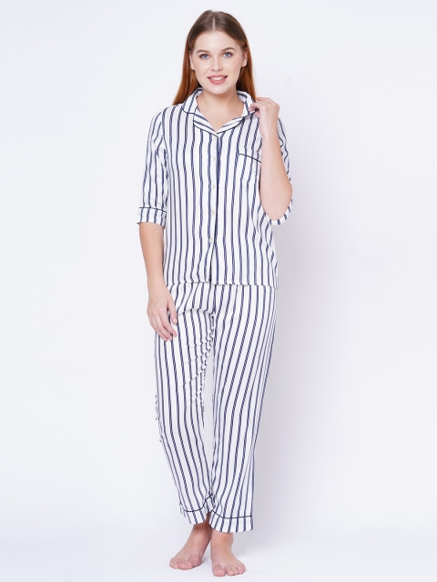 

Sweet Dreams Women Navy Blue & White Striped Night Suit