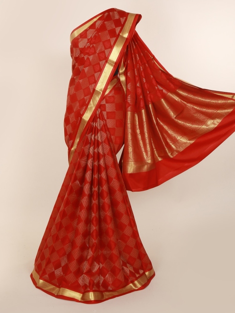 

Pothys Red & Gold-Toned Pure Silk Woven Design Mysore Silk Saree