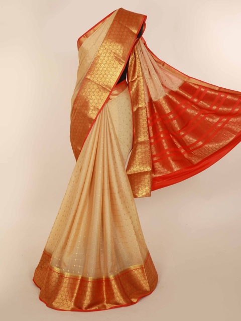 

Pothys Cream-Coloured & Orange Pure Silk Woven Design Mysore Silk Saree