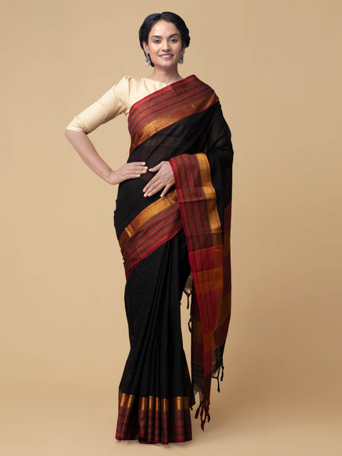 

Unnati Silks Black Pure Cotton Solid handloom Narayan Peth Saree