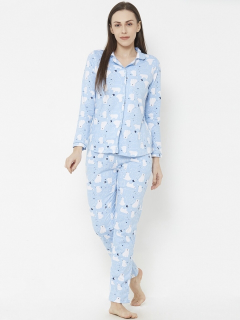 

Sweet Dreams Women Blue & White Graphic Printed Night Suit