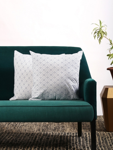 

Contrast Living Set Of 2 White & Blue Printed Square Cushion Covers