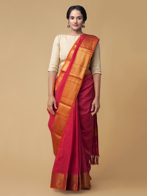 

Unnati Silks Red Pure Cotton Solid Handloom Narayan Peth Saree