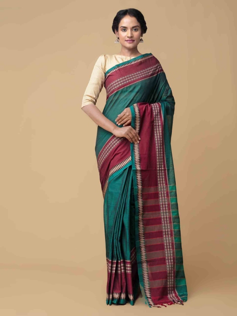 Unnati Silks Green Pure Cotton Solid Handloom Narayan Peth Saree