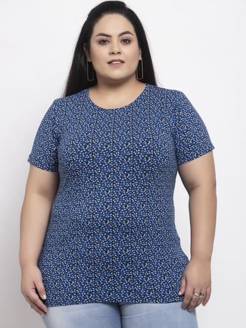 

plusS Women Blue Printed Round Neck T-shirt
