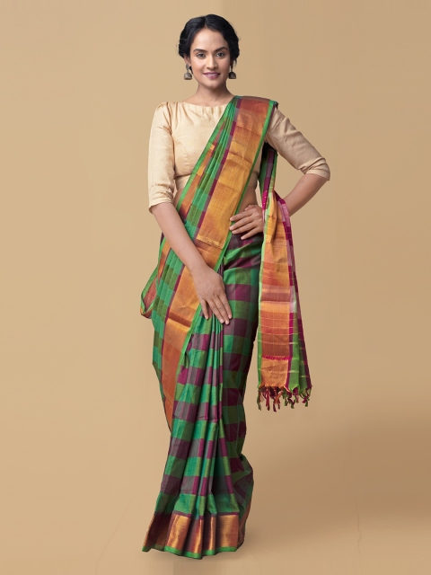 

Unnati Silks Green Pure Cotton Checked handloom Narayan Peth Saree