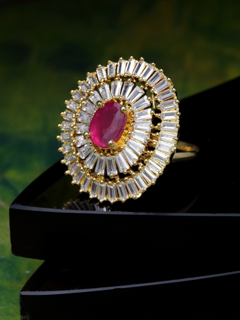 

ANIKAS CREATION Gold-Plated White & Magenta AD Studded Handcrafted Finger Ring