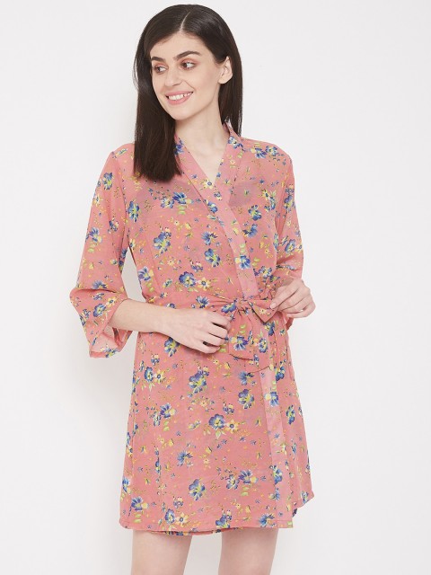 

Clovia Women Peach Coloured & Blue Floral Printed Robe