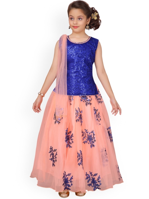 

Aarika Girls Blue & Peach Coloured Party Wear Lehenga Choli With Dupatta