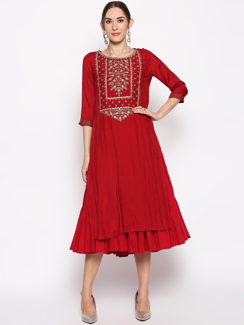

RANGMANCH BY PANTALOONS Women Maroon Embroidered A-Line Dress