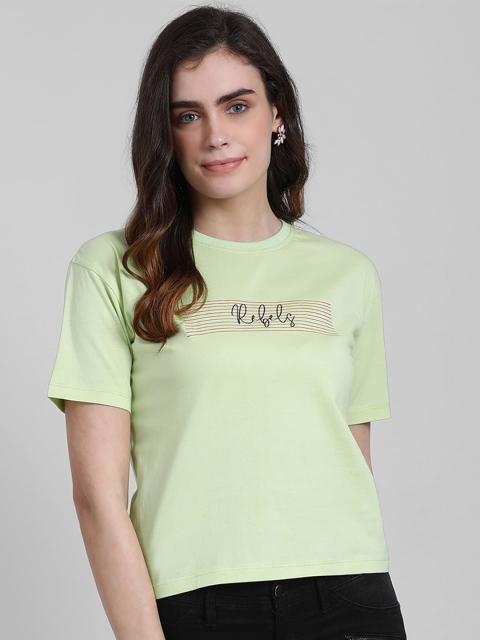 

Zink London Women Lime Green Printed Round Neck Pure Cotton T-shirt