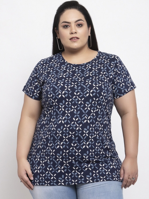 

plusS Women Blue Printed Round Neck T-shirt