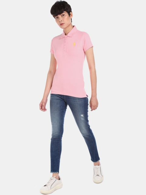 

U.S. Polo Assn. Women Pink Solid Polo Collar T-shirt