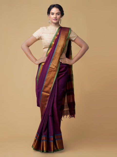 

Unnati Silks Purple Pure Cotton Solid Handloom Narayan Peth Saree
