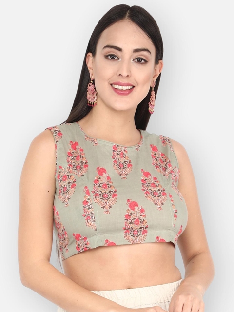 

Molcha Women Green & Pink Printed Non-Padded Sanganeri Handcrafted Readymade Saree Blouse