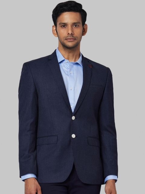 

Park Avenue Men Blue Checked Super Slim-Fit Single-Breasted Formal Blazer